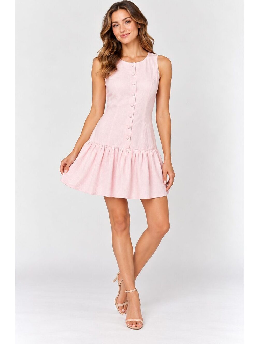 WAYF Pink Linen Blend Sleeveless Drop Waist Mini Dress Size S
